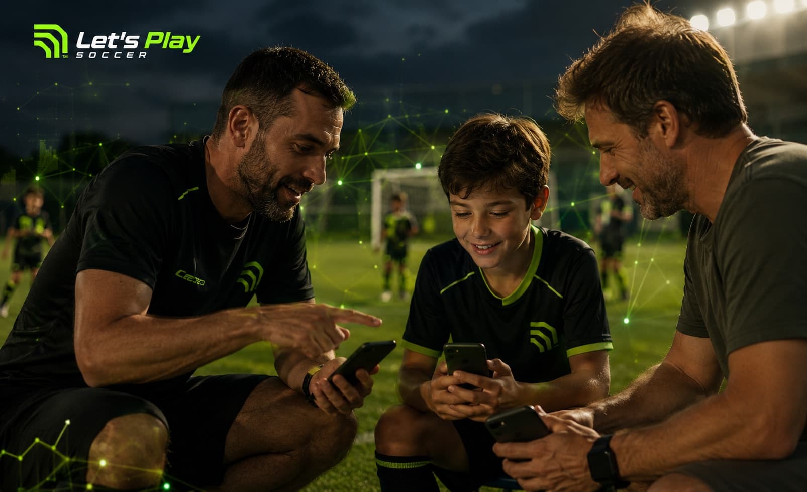 Professor, atleta e pai acompanhando os dados do treino pelo celular, no campo